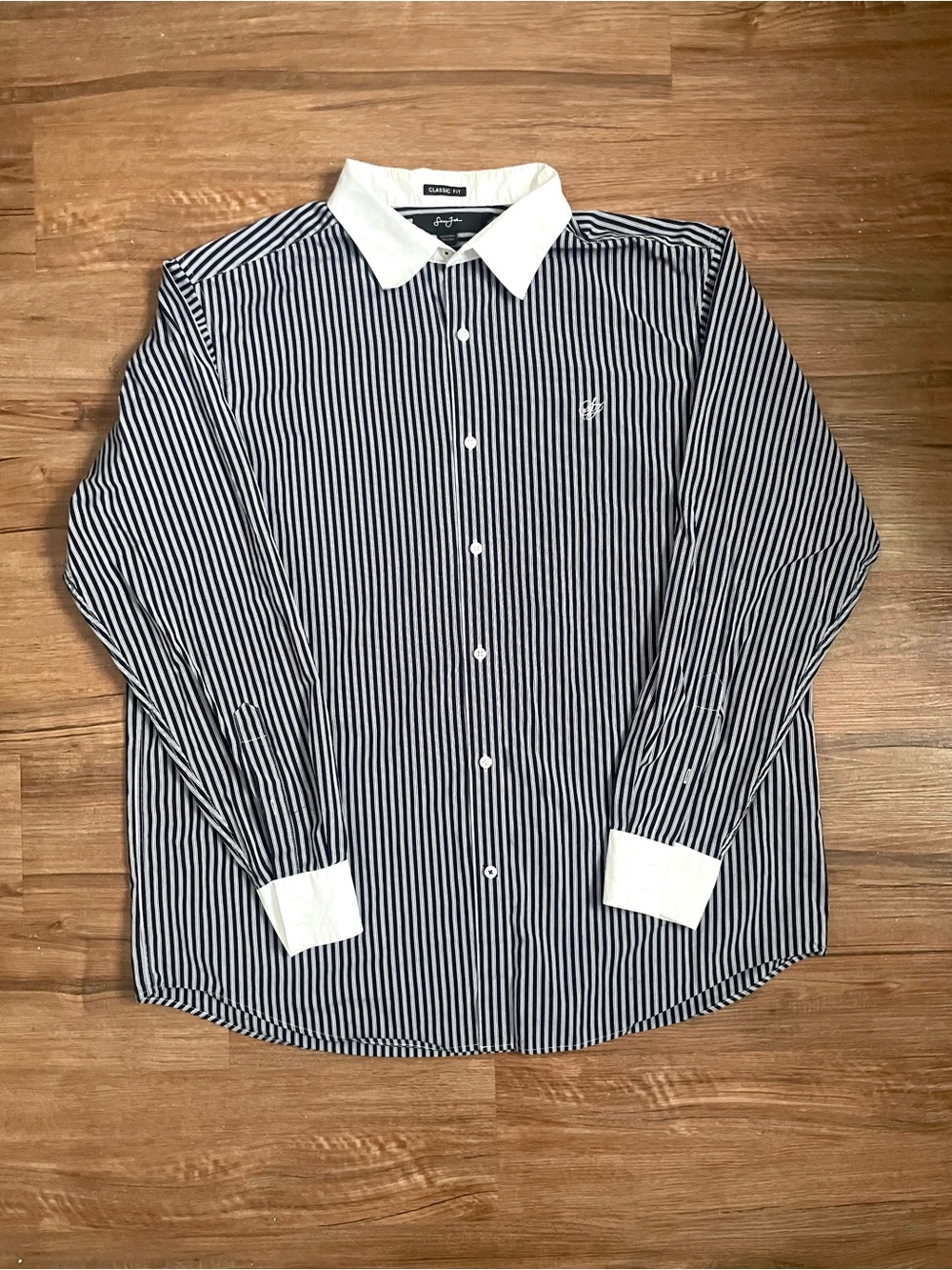 Sean John Navy & White Striped XXL Dress Shirt with Contrast Collar 100% Cotton